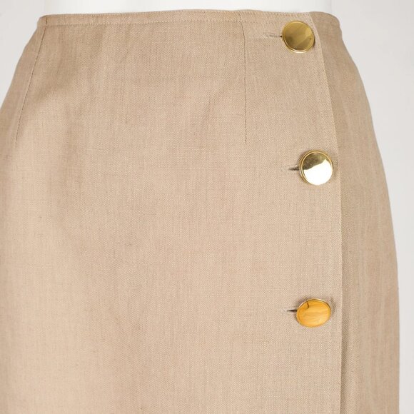 Guy Laroche 1980s Vintage Beige Linen Gold Button-Up Skirt Sz XS - Picture 1 of 6
